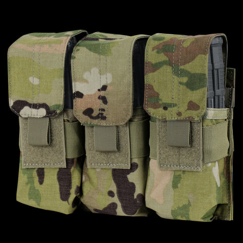 The Condor Triple M4 Mag Pouch in Scorpion OCP securely holds three rifle magazines side by side with flap covers and hook-and-loop closures—ideal for law enforcement and first responders.