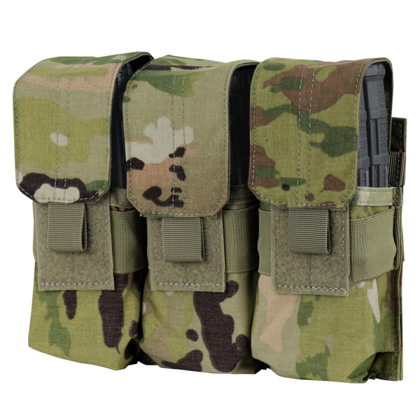 The Condor Triple M4 Mag Pouch in Scorpion OCP securely holds three rifle magazines side by side with flap covers and hook-and-loop closures—ideal for law enforcement and first responders.