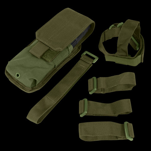 The Condor M4 Buttstock Mag Pouch in Olive Drab features a flap closure and comes with four detachable straps of different lengths, all displayed against a plain background.