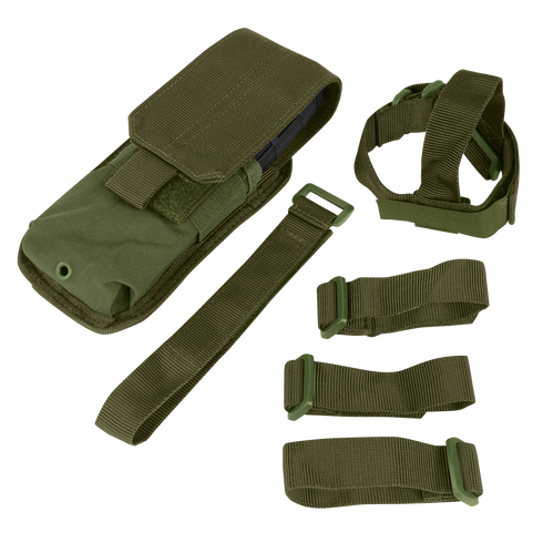 The Condor M4 Buttstock Mag Pouch in Olive Drab features a flap closure and comes with four detachable straps of different lengths, all displayed against a plain background.