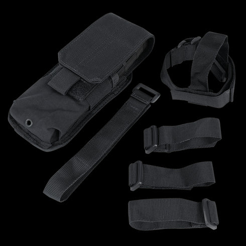 The Condor M4 Buttstock Mag Pouch is a black nylon tactical pouch with a flap cover, designed for military or law enforcement use. It comes with four adjustable black straps and plastic buckles, shown on a plain background.