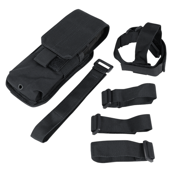 The Condor M4 Buttstock Mag Pouch is a black nylon tactical pouch with a flap cover, designed for military or law enforcement use. It comes with four adjustable black straps and plastic buckles, shown on a plain background.