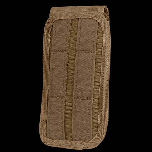 The Condor M4 Buttstock Mag Pouch is a tan nylon tactical pouch featuring two vertical MOLLE straps on the back for attachment to military or bushcraft gear.
