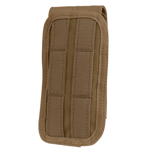 The Condor M4 Buttstock Mag Pouch is a tan nylon tactical pouch featuring two vertical MOLLE straps on the back for attachment to military or bushcraft gear.