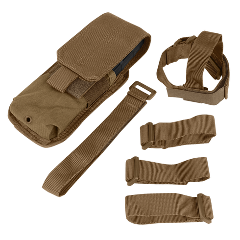 The Condor M4 Buttstock Mag Pouch is shown in tan with a flap cover, accompanied by four tan straps of different lengths and buckle styles—ideal for EDC or military use.
