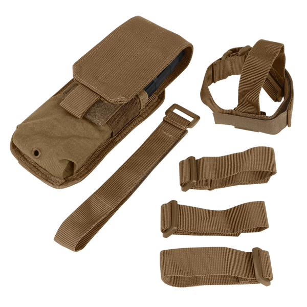 The Condor M4 Buttstock Mag Pouch is shown in tan with a flap cover, accompanied by four tan straps of different lengths and buckle styles—ideal for EDC or military use.
