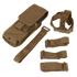 The Condor M4 Buttstock Mag Pouch is shown in tan with a flap cover, accompanied by four tan straps of different lengths and buckle styles—ideal for EDC or military use.