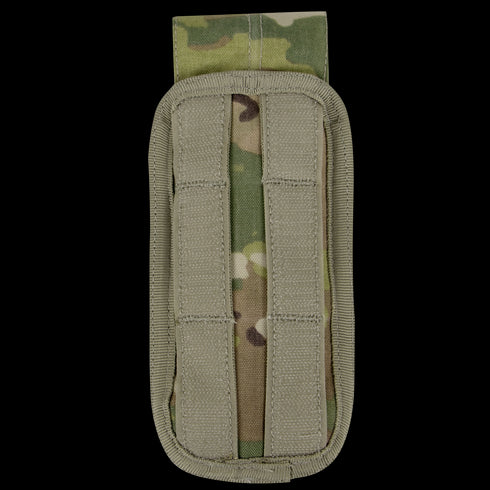 The Condor M4 Buttstock Mag Pouch - Scorpion OCP is a nylon pouch in camouflage pattern, featuring reinforced stitching and two vertical front straps.
