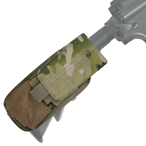 The Condor M4 Buttstock Mag Pouch in Scorpion OCP attaches to a firearms stock, featuring a flap closure and visible MOLLE webbing.