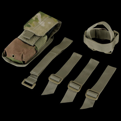 The Condor M4 Buttstock Mag Pouch in Scorpion OCP features a flap, four green adjustable buckle straps, and a coiled strap, all displayed on a white background.
