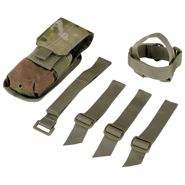 The Condor M4 Buttstock Mag Pouch in Scorpion OCP features a flap, four green adjustable buckle straps, and a coiled strap, all displayed on a white background.