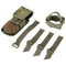 The Condor M4 Buttstock Mag Pouch in Scorpion OCP features a flap, four green adjustable buckle straps, and a coiled strap, all displayed on a white background.