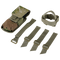 The Condor M4 Buttstock Mag Pouch in Scorpion OCP features a flap, four green adjustable buckle straps, and a coiled strap, all displayed on a white background.