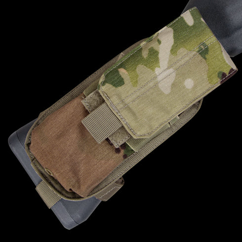 The Condor M4 Buttstock Mag Pouch in Scorpion OCP is shown from above, attached to a belt, with its flap secured by Velcro.