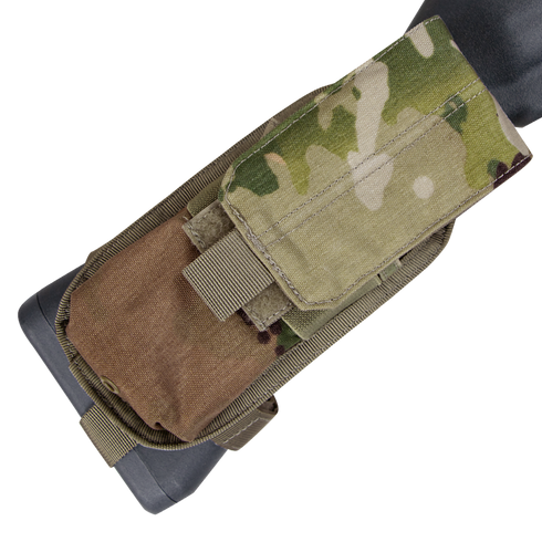 The Condor M4 Buttstock Mag Pouch in Scorpion OCP is shown from above, attached to a belt, with its flap secured by Velcro.