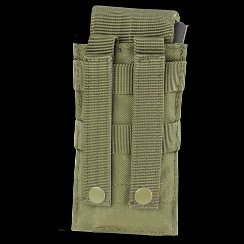 The Condor Single M4 Mag Pouch in MultiCam features two vertical straps and snap buttons on the back for secure MOLLE attachment—perfect for EDC or organizing essentials at the shooting range.