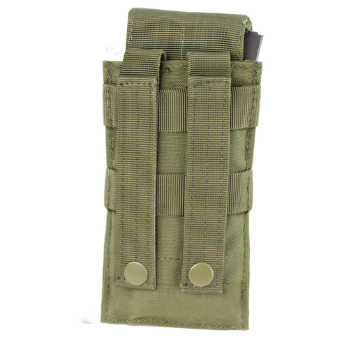 The Condor Single M4 Mag Pouch in MultiCam features two vertical straps and snap buttons on the back for secure MOLLE attachment—perfect for EDC or organizing essentials at the shooting range.
