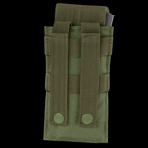 The Condor Single M4 Mag Pouch in olive green features two vertical straps with snap buttons on the back for easy attachment to gear or belts.