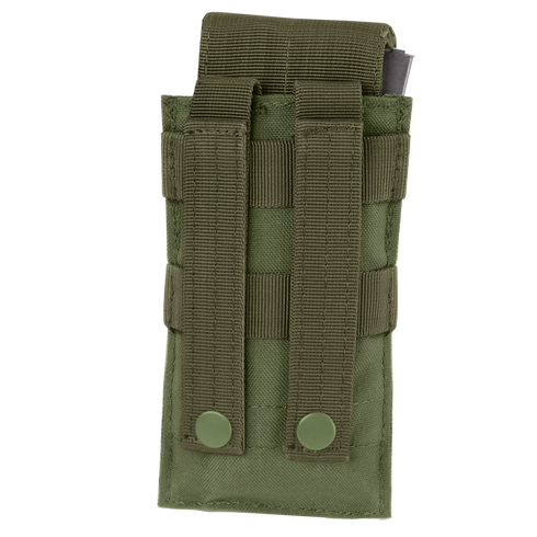The Condor Single M4 Mag Pouch in olive green features two vertical straps with snap buttons on the back for easy attachment to gear or belts.