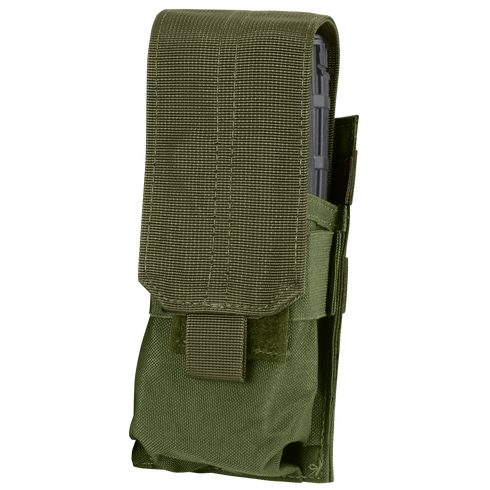 The Condor Single M4 Mag Pouch in Olive Drab is a tactical nylon pouch with a flap cover and Velcro strap, designed to securely hold an M4 magazine.