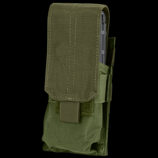 The Condor Single M4 Mag Pouch in Olive Drab is a tactical nylon pouch with a flap cover and Velcro strap, designed to securely hold an M4 magazine.
