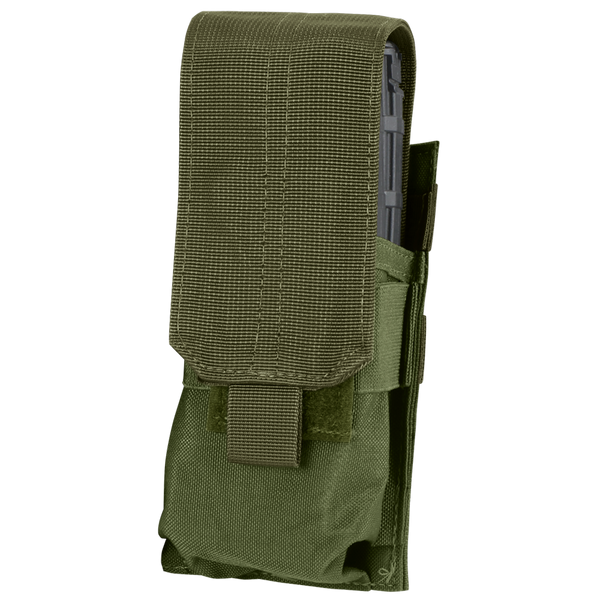 The Condor Single M4 Mag Pouch in Olive Drab is a tactical nylon pouch with a flap cover and Velcro strap, designed to securely hold an M4 magazine.
