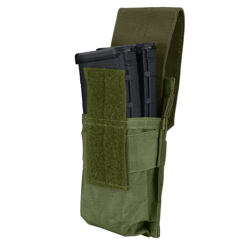 The Condor Single M4 Mag Pouch is a green tactical pouch with a Velcro flap that holds one black rifle magazine.