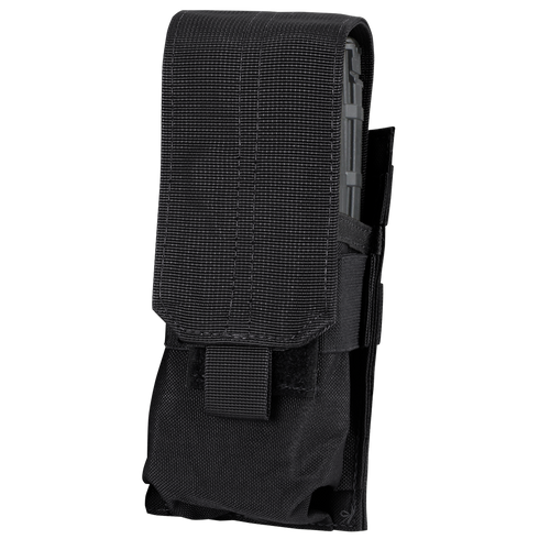 Condor Single M4 Mag Pouch made of black tactical nylon with a flap closure, showing part of the magazine at the top.