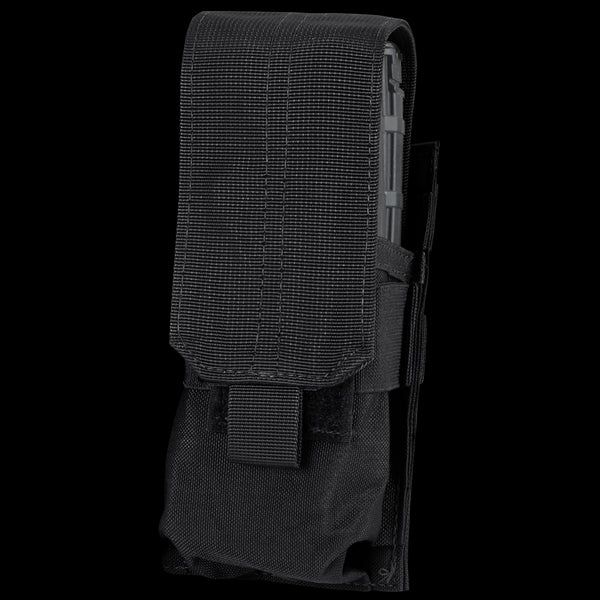 Condor Single M4 Mag Pouch made of black tactical nylon with a flap closure, showing part of the magazine at the top.