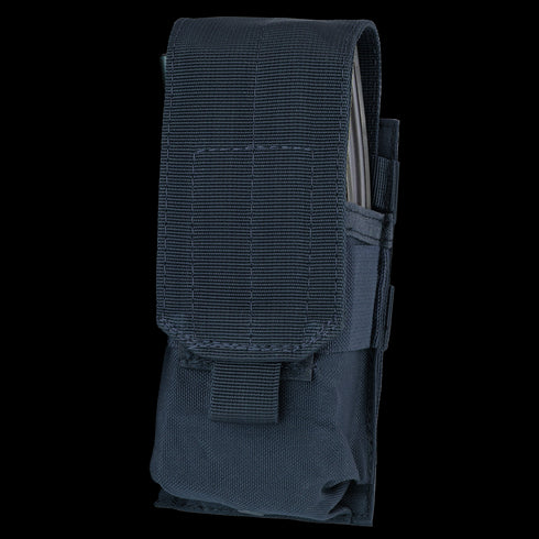 The Condor Single M4 Mag Pouch is a black tactical nylon pouch with a flap cover and hook-and-loop closure, designed to securely hold an M4 magazine or small equipment.