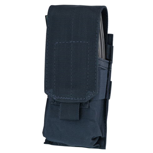 The Condor Single M4 Mag Pouch is a black tactical nylon pouch with a flap cover and hook-and-loop closure, designed to securely hold an M4 magazine or small equipment.