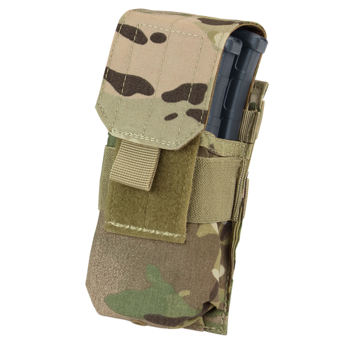 The Condor Single M4 Mag Pouch in MultiCam features a flap closure and holds a black magazine partially visible at the top.