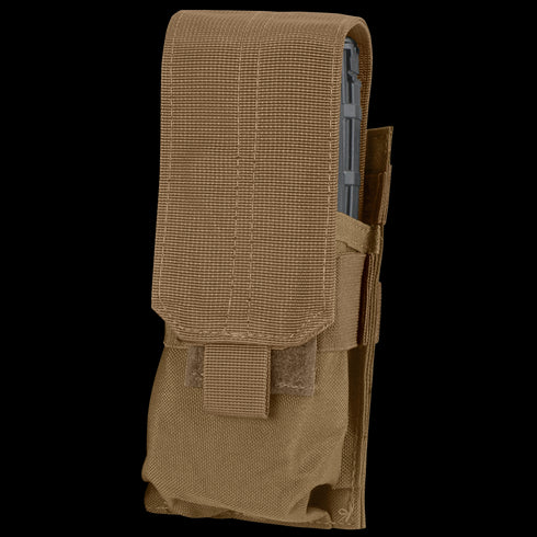 The Condor Single M4 Mag Pouch is a tan nylon pouch with a flap closure, showing a magazine partially visible at the top.