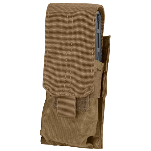 The Condor Single M4 Mag Pouch is a tan nylon pouch with a flap closure, showing a magazine partially visible at the top.