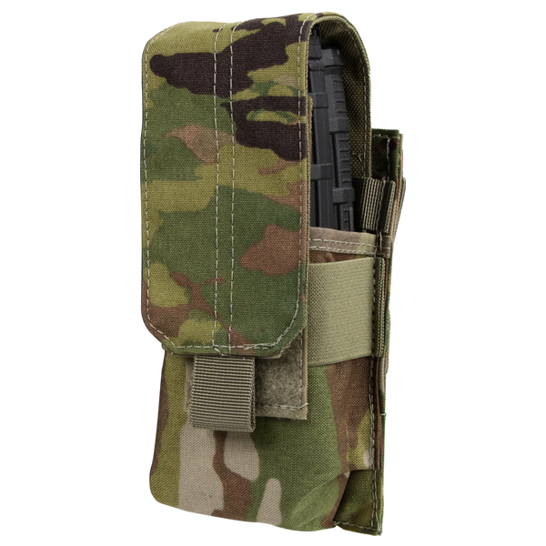 The Condor Single M4 Mag Pouch in Scorpion OCP securely holds a black rifle magazine with its flap closure and camouflage design.