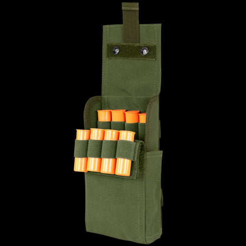 The Condor Shotgun Reload Pouch is a green fabric pouch with an open flap, designed to securely hold orange shotgun shells in elastic loops on the front.