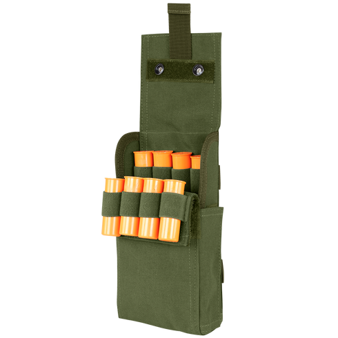 The Condor Shotgun Reload Pouch is a green fabric pouch with an open flap, designed to securely hold orange shotgun shells in elastic loops on the front.