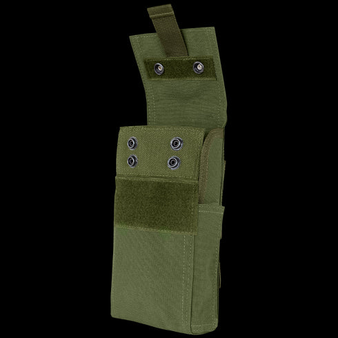 The Condor Shotgun Reload Pouch is a green tactical pouch with a flap closure, metal grommets, and Velcro, ideal for carrying tools or accessories.