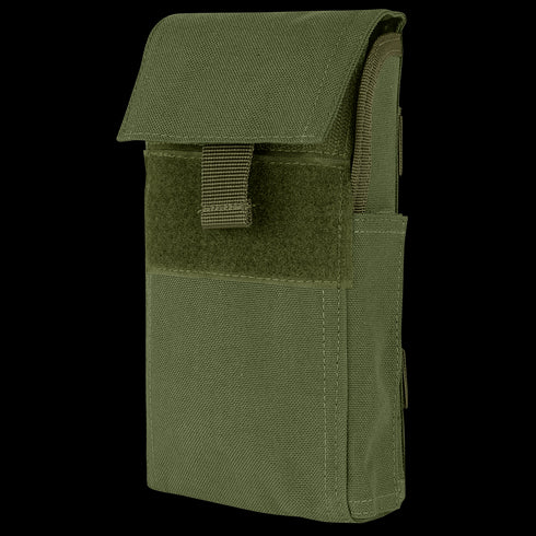 The Condor Shotgun Reload Pouch in Olive Drab is a rectangular tactical pouch with a flap cover, secured by hook-and-loop fastener and a fabric pull tab.