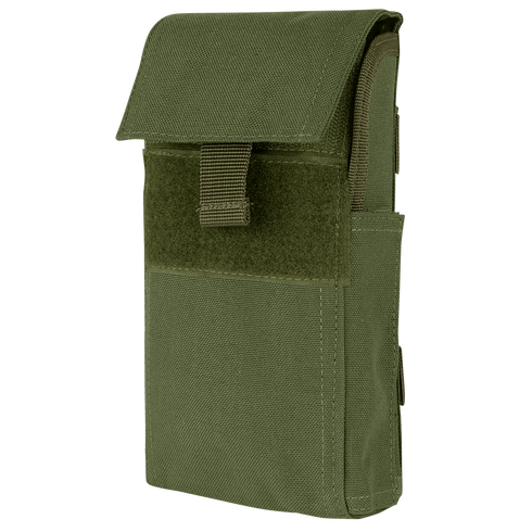 The Condor Shotgun Reload Pouch in Olive Drab is a rectangular tactical pouch with a flap cover, secured by hook-and-loop fastener and a fabric pull tab.