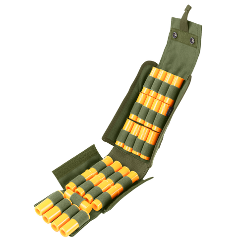 The Condor Shotgun Reload Pouch is an open green fabric pouch that securely holds multiple yellow shotgun shells in elastic loops for organized storage.