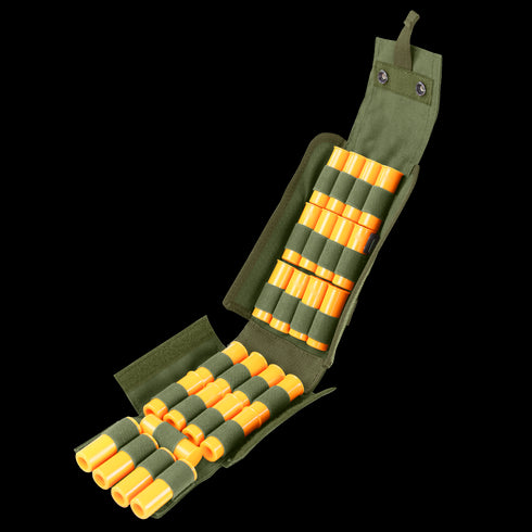 The Condor Shotgun Reload Pouch is a green fabric holder with elastic loops, displaying multiple yellow shotgun shells, shown open and angled.