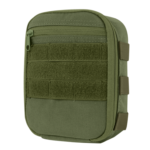 The Condor Sidekick Pouch is a compact olive drab tactical pouch with a zipper closure, front velcro strips, and side attachment straps.