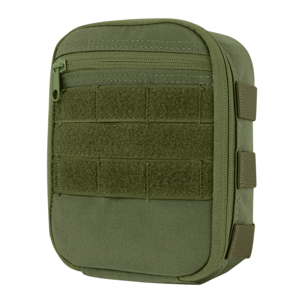The Condor Sidekick Pouch is a compact olive drab tactical pouch with a zipper closure, front velcro strips, and side attachment straps.
