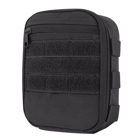 The Condor Sidekick Pouch is a black tactical pouch featuring a zippered top, front Velcro panels, and side webbing attachments, shown standing upright against a white background.