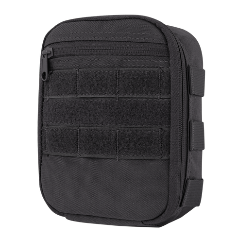 The Condor Sidekick Pouch is a black tactical pouch featuring a zippered top, front Velcro panels, and side webbing attachments, shown standing upright against a white background.