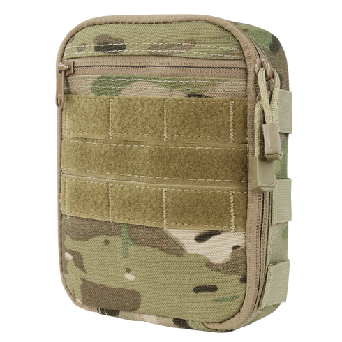 The Condor Sidekick Pouch in MultiCam is a small, rectangular tactical pouch featuring a zipper, Velcro front straps, and a side strap.