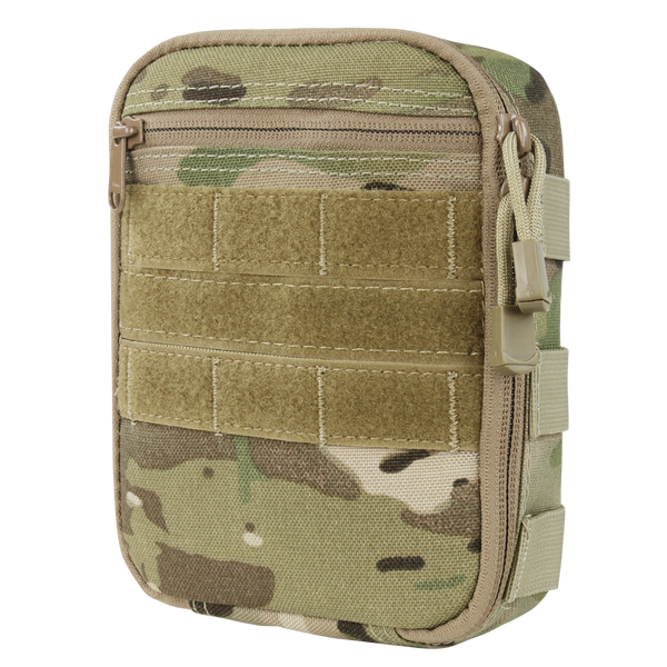 The Condor Sidekick Pouch in MultiCam is a small, rectangular tactical pouch featuring a zipper, Velcro front straps, and a side strap.