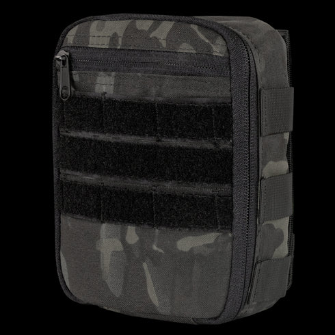 The Condor Sidekick Pouch in MultiCam Black features zipper closure, MOLLE webbing, and front Velcro strips for tactical use.