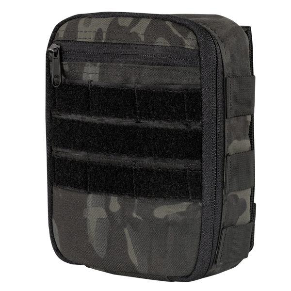 The Condor Sidekick Pouch in MultiCam Black features zipper closure, MOLLE webbing, and front Velcro strips for tactical use.
